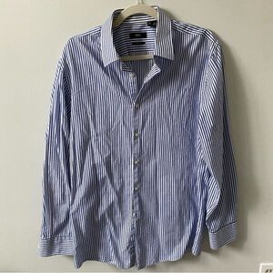 BOSS by Hugo Boss Navy and White Striped Button Down Dress Shirt 16 1/2 34/35